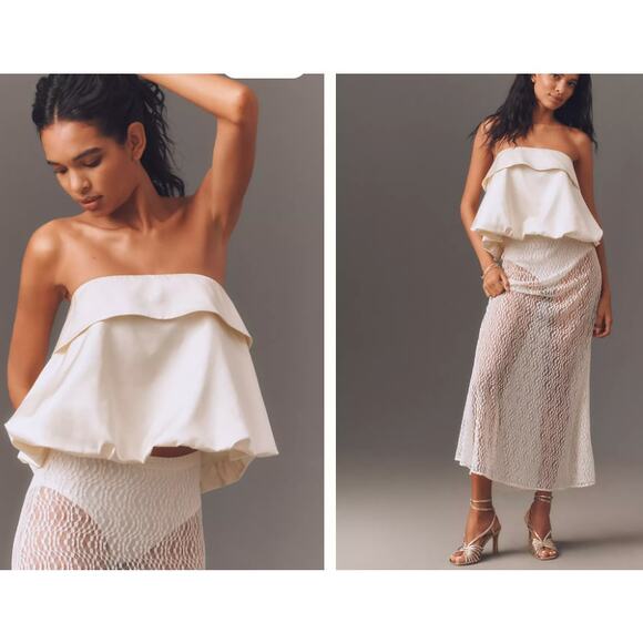 Anthroplogie Mare Mare Linen Blend Strapless Silky Bubble Blouse S NWT 138 White - Picture 1 of 2